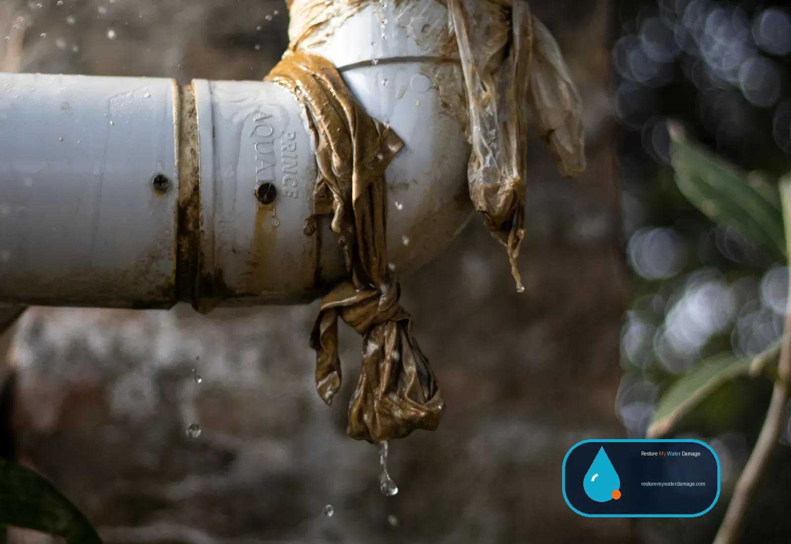 Leaking pipe wrapped with tape and dripping water, a typical start to burst pipe water damage cleanup