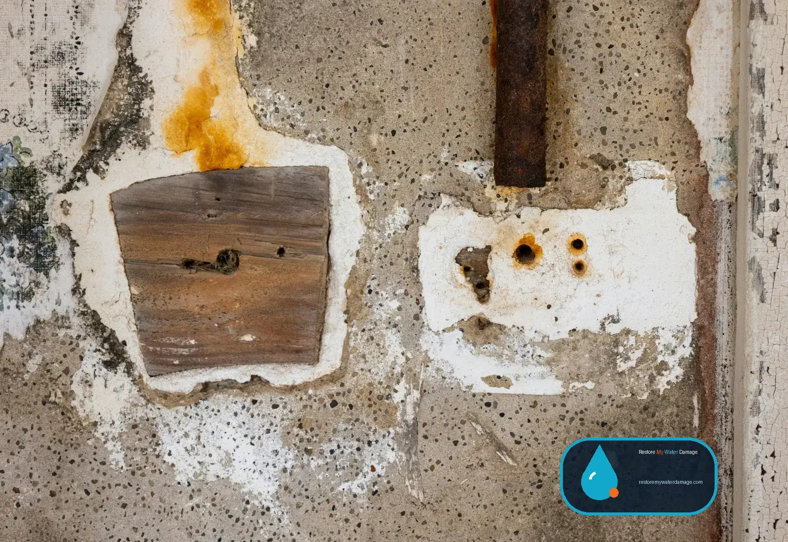 Damp wall covered in mold and rust stains caused by long-term mold and water damage
