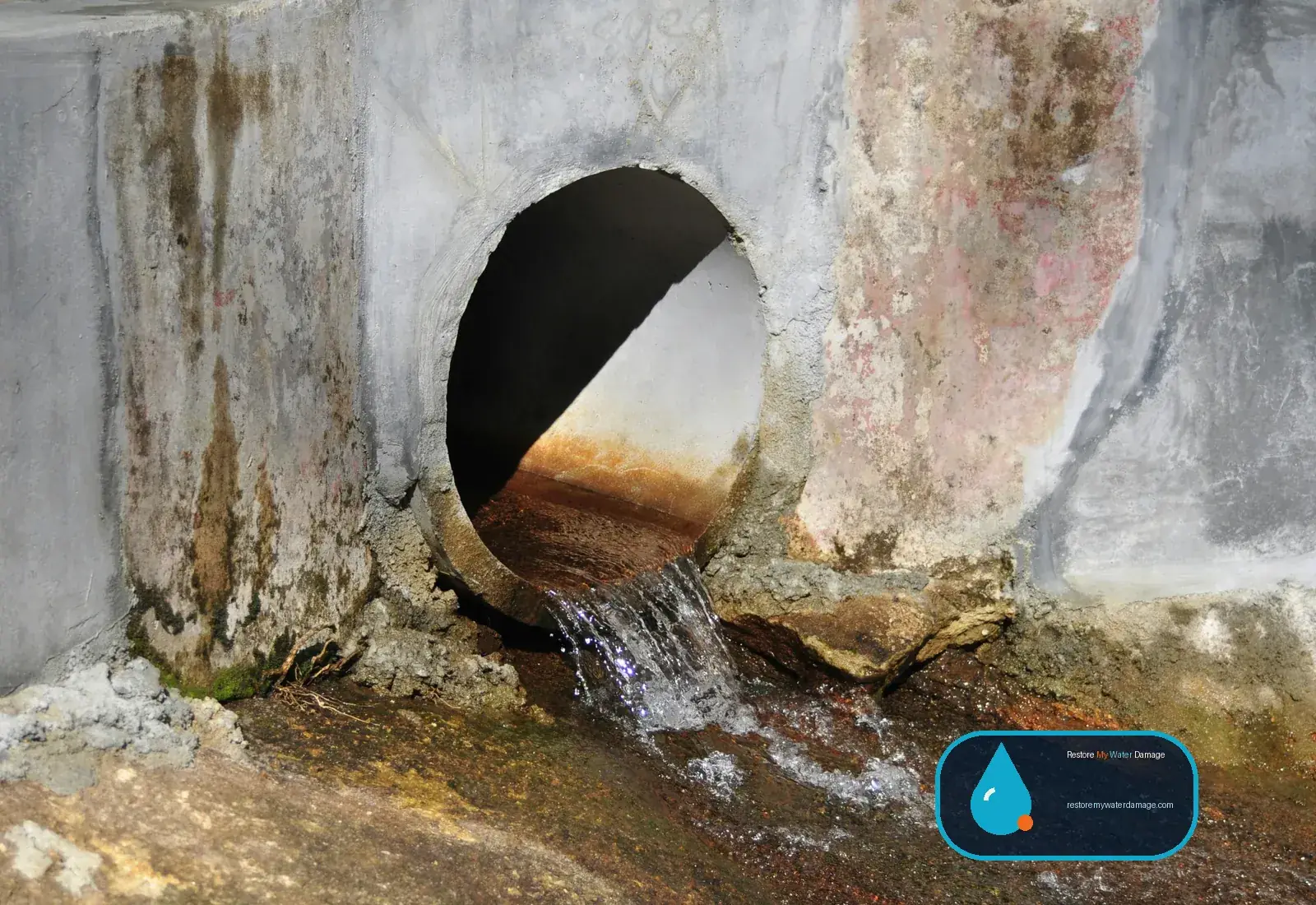 Drain pipe discharging dirty wastewater onto a stained surface that needs sewage backup cleanup
