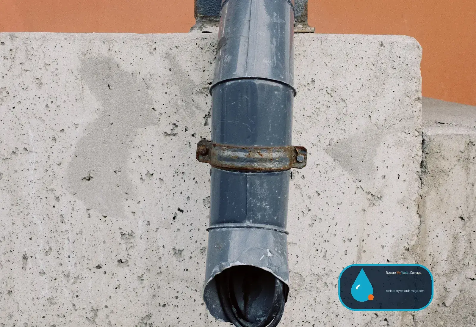Downspout directing rainwater away from a wall, a simple water damage prevention measure