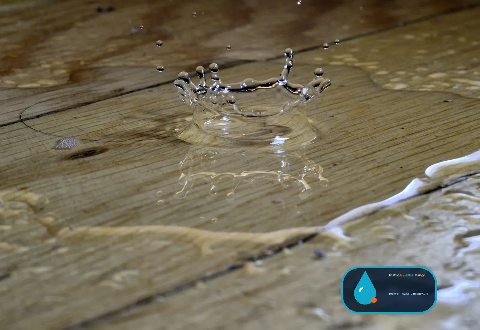 Standing water pooling on a wooden floor that needs water extraction and structural drying