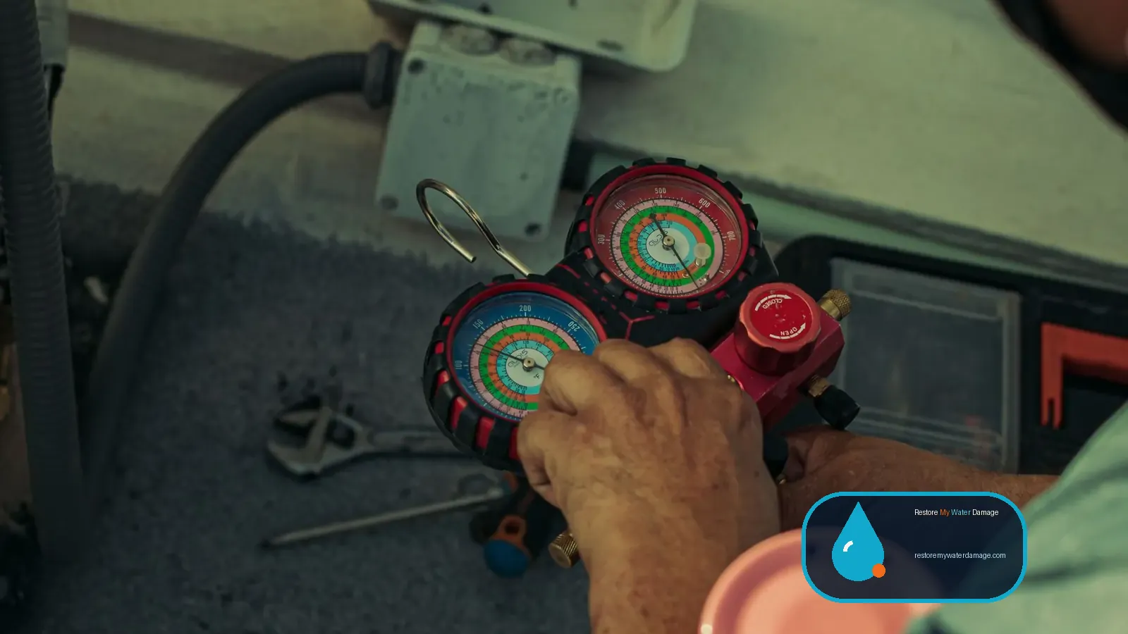Technician adjusting gauge equipment, representing the tools of our water damage restoration company