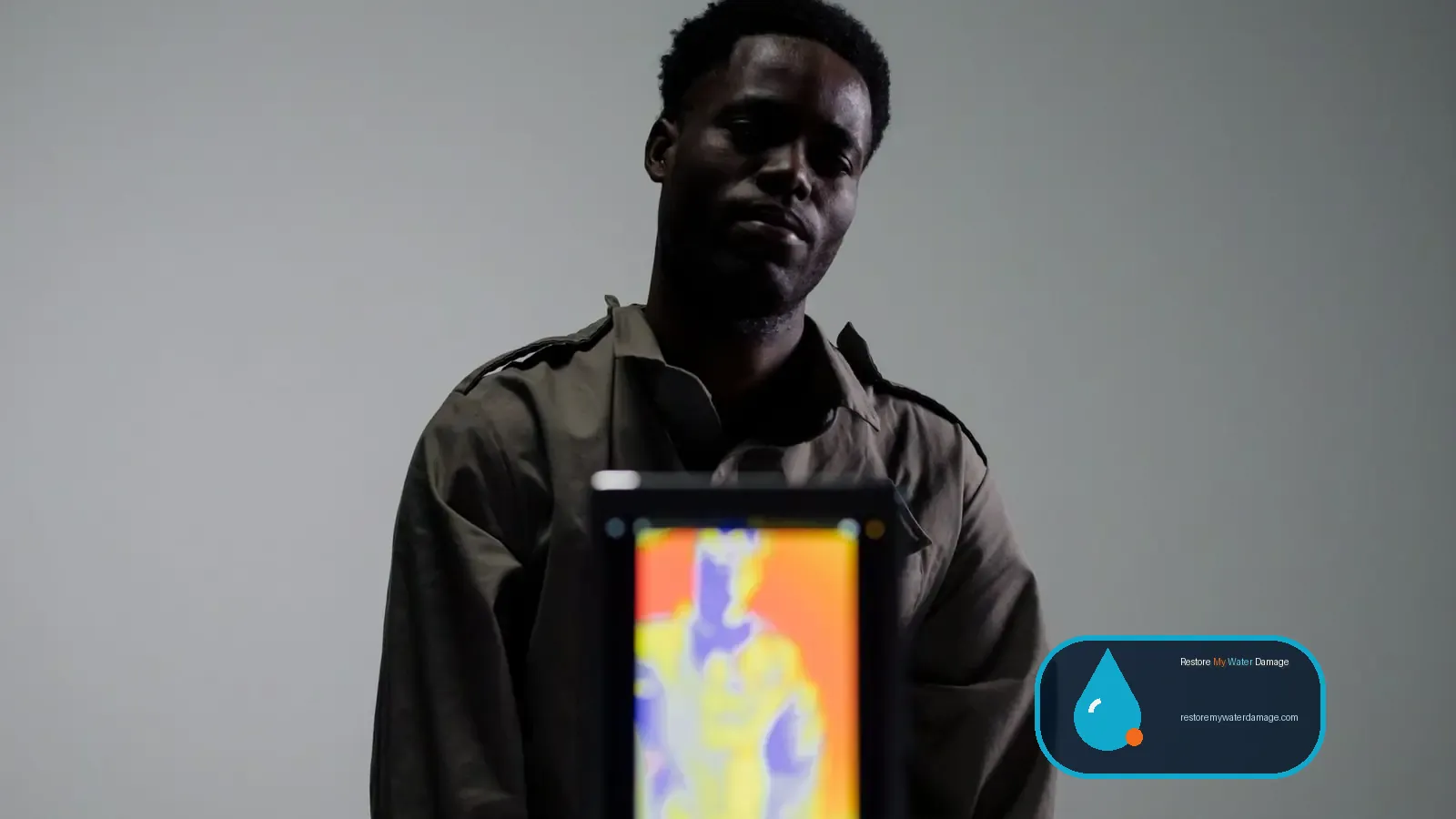 Tablet showing a thermal image, the kind of documentation an about water damage restoration company uses