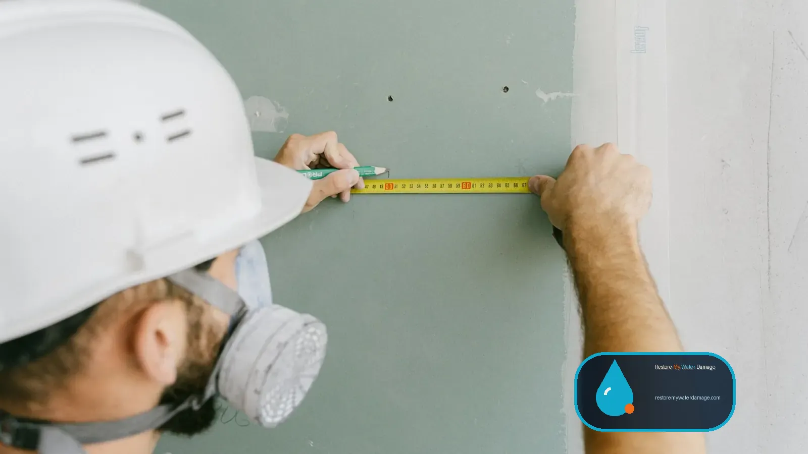 Worker in hard hat and respirator measuring a wall, as an about water damage restoration company crew would