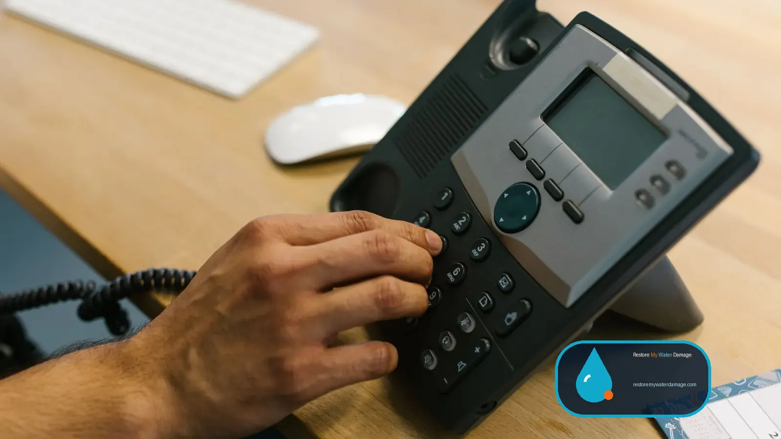 Hand dialing a desk phone on a wooden desk to request water damage help