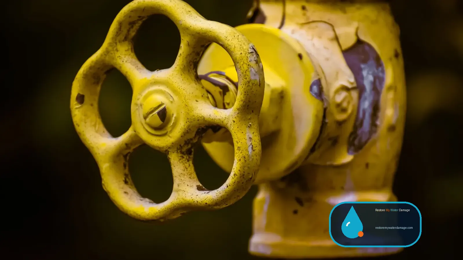 Yellow shut-off valve wheel on a pipe, worth closing before you request water damage help