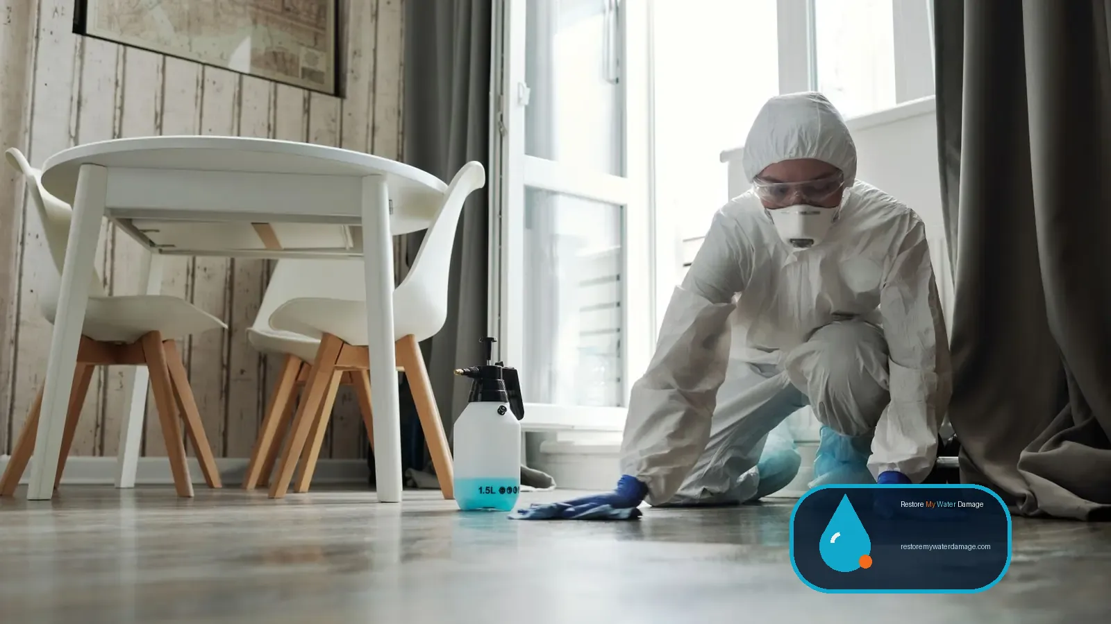 Worker in a protective suit, respirator and gloves disinfecting a floor during sewage backup cleanup