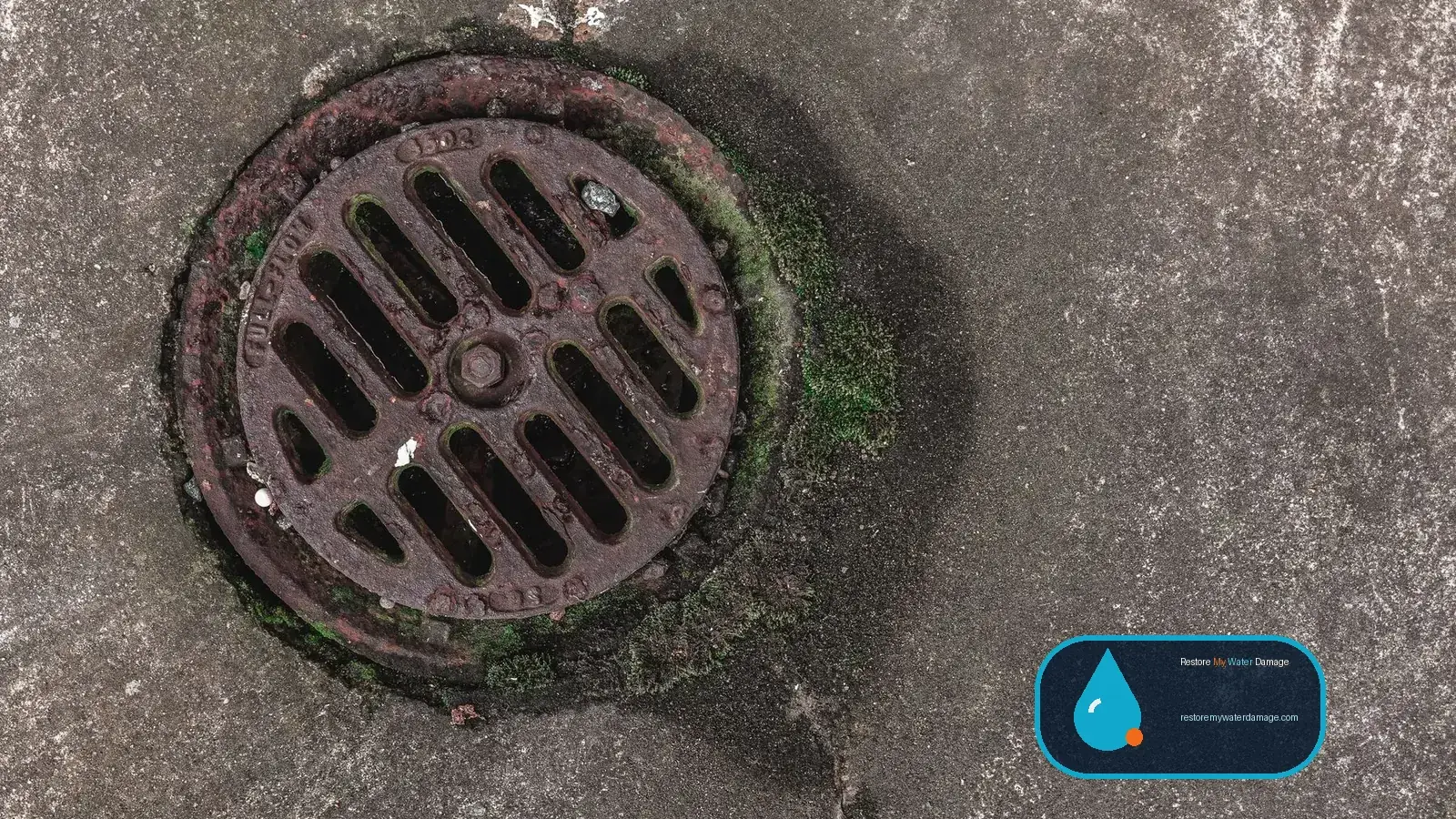 Rusty round drain grate in stained concrete, a common source point for sewage backup cleanup