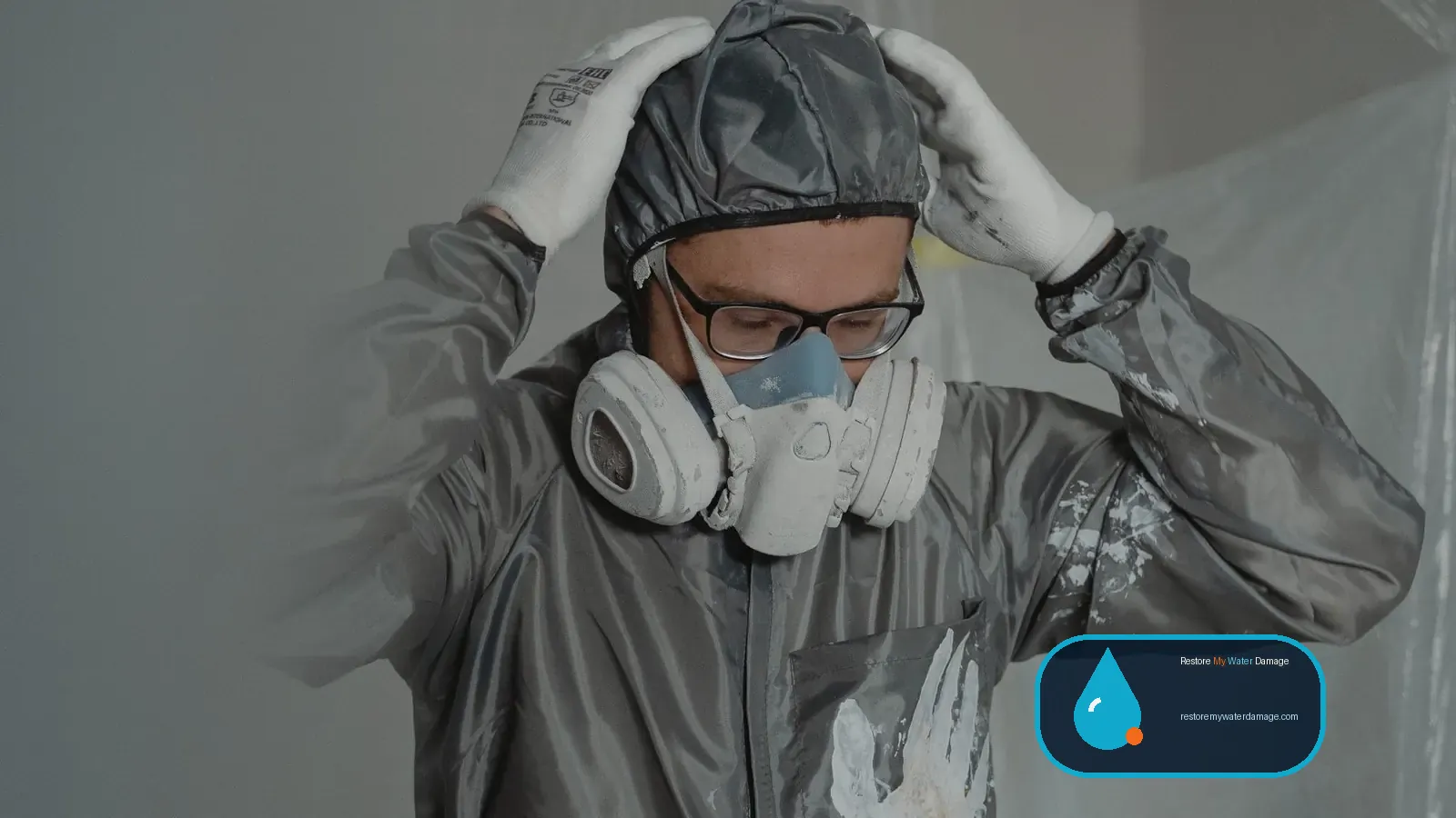 Worker wearing a respirator, goggles and protective suit for safe water damage cleanup