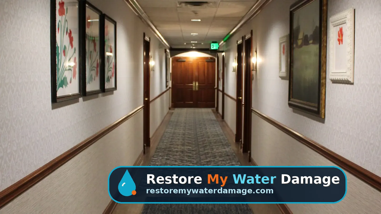 Long carpeted hotel hallway with framed art served by water damage restoration Atlantic City Area Atlantic County, NJ