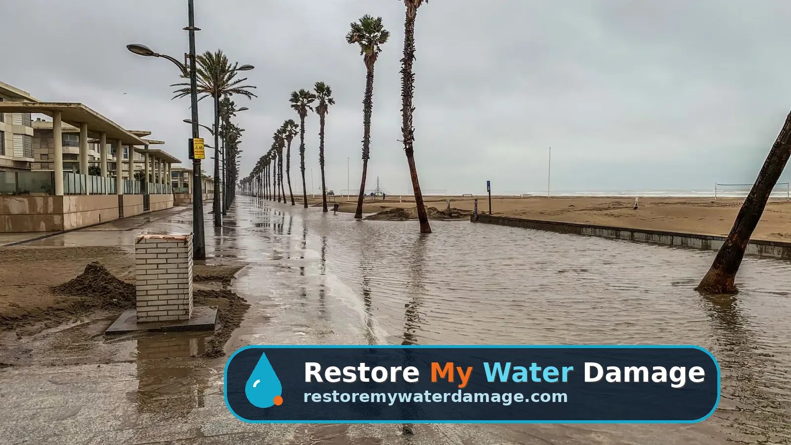 Shallow coastal floodwater over a beachfront street, conditions that drive water damage restoration in the Atlantic City area