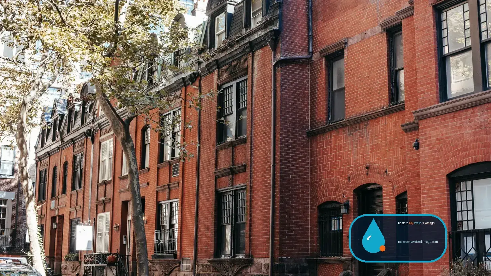 Long row of older brick row homes with stoops, needing water damage restoration in Berks County Reading, PA