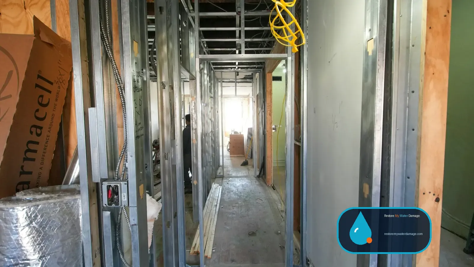 Hallway opened to metal studs and work lights, typical of water damage restoration Charlotte, NC