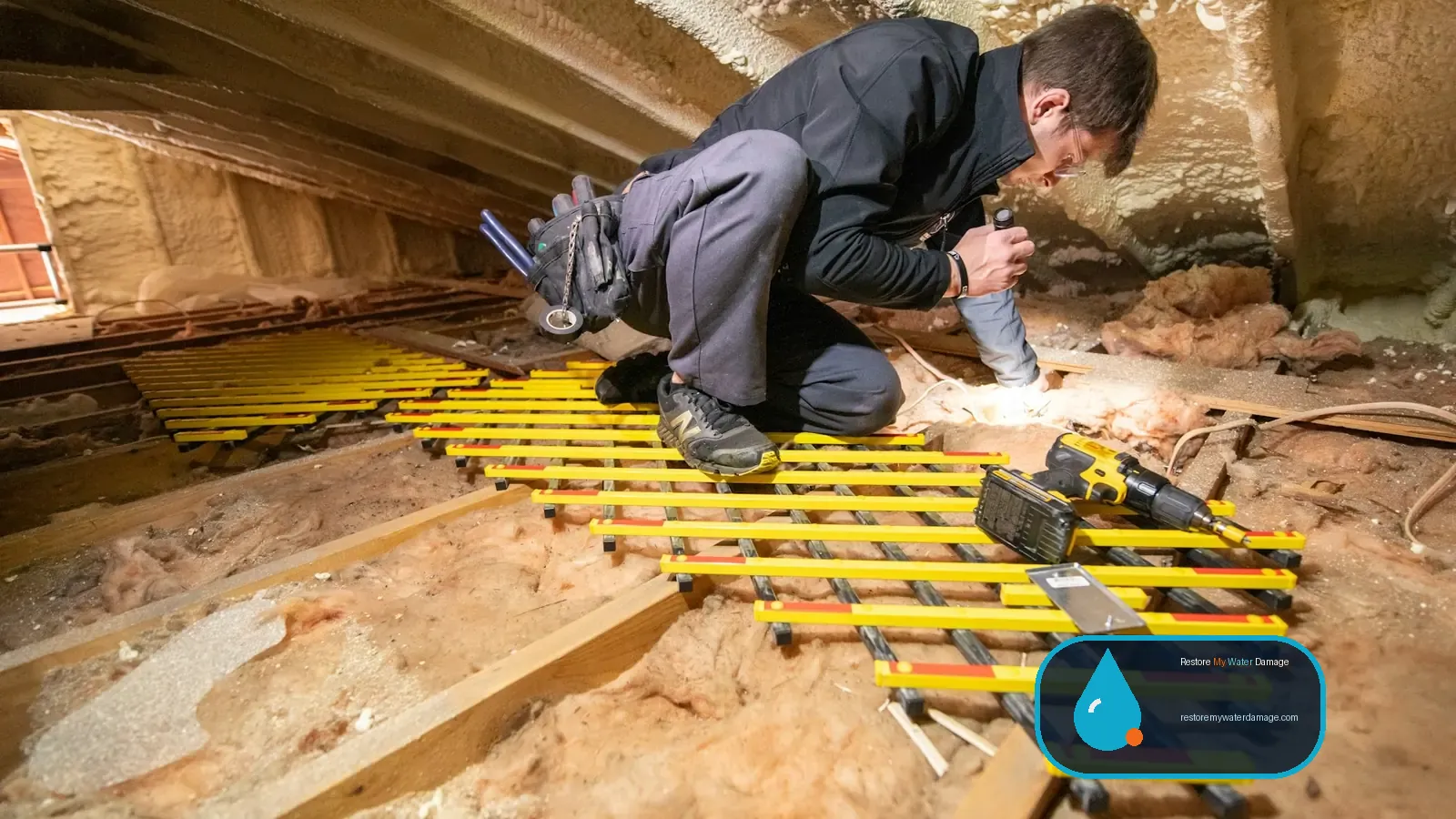 Worker kneeling on joists in a tight crawlspace during water damage restoration in Charlotte, NC