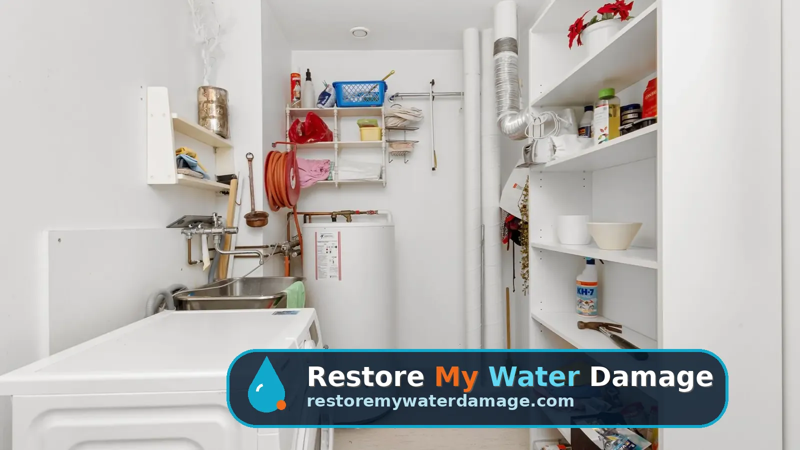Laundry room with tank water heater beside the washer in water damage restoration Cherry Hill Camden County, NJ
