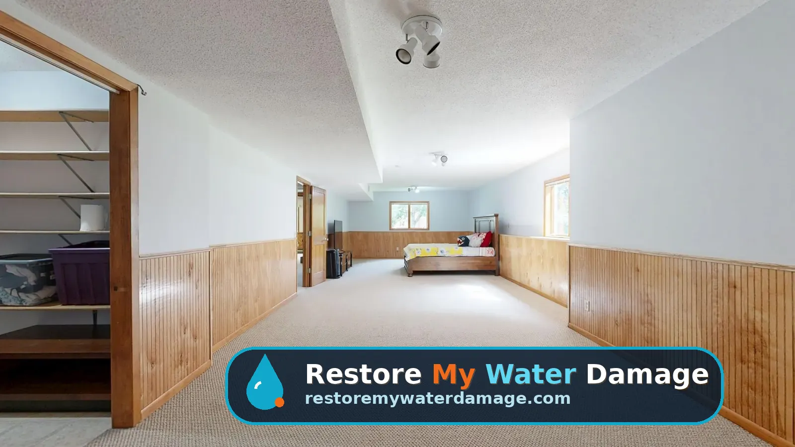 Carpeted lower-level room with wood paneling, a typical space for water damage restoration in Cherry Hill Camden County