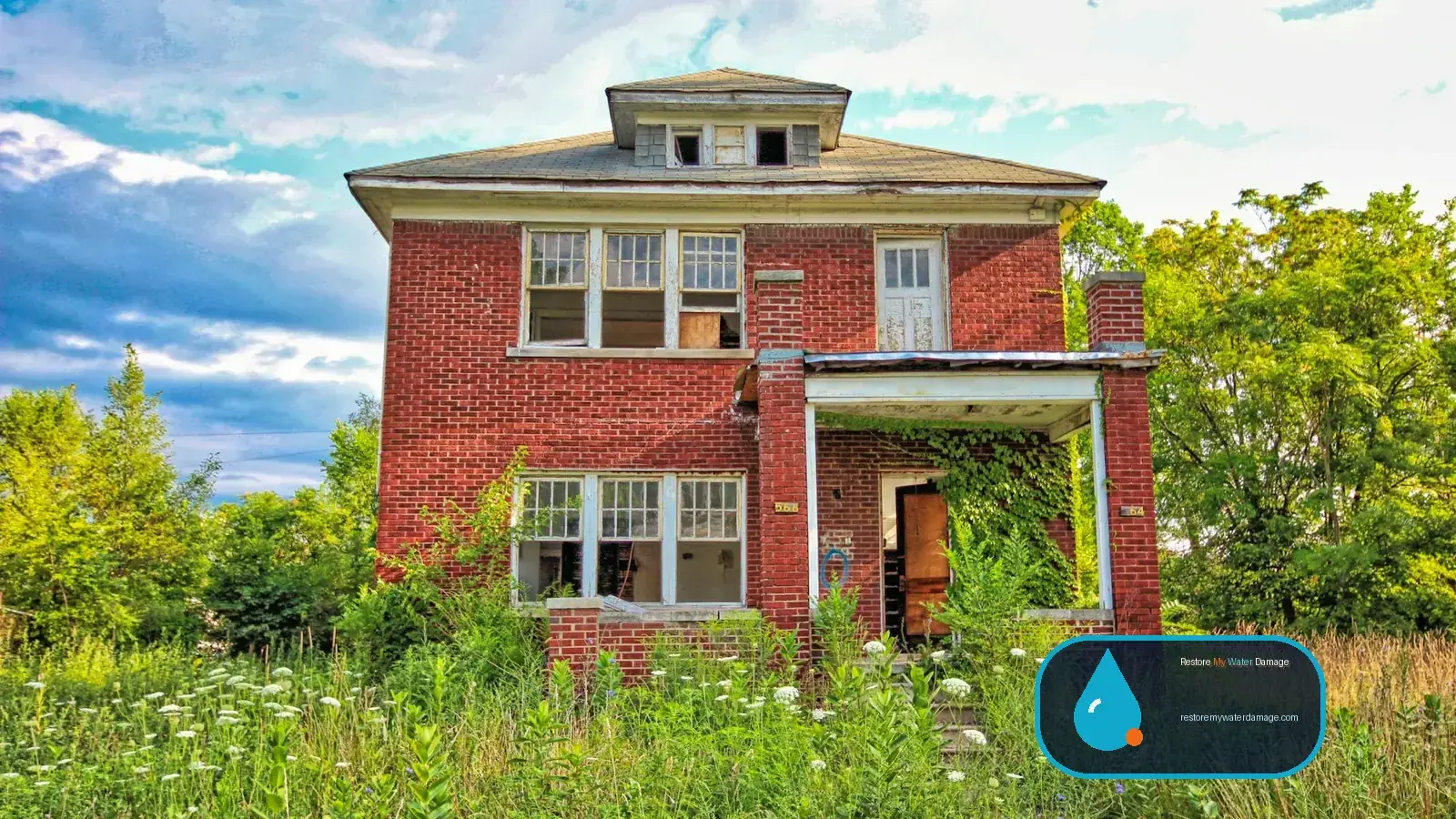 Two-story brick house with an overgrown yard, a home type needing water damage restoration Fort Worth, TX