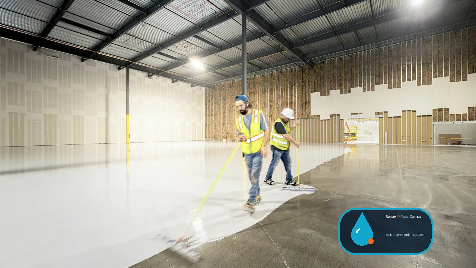 Crew spreading liquid across a large warehouse floor, similar to water damage restoration Fort Worth, TX jobs