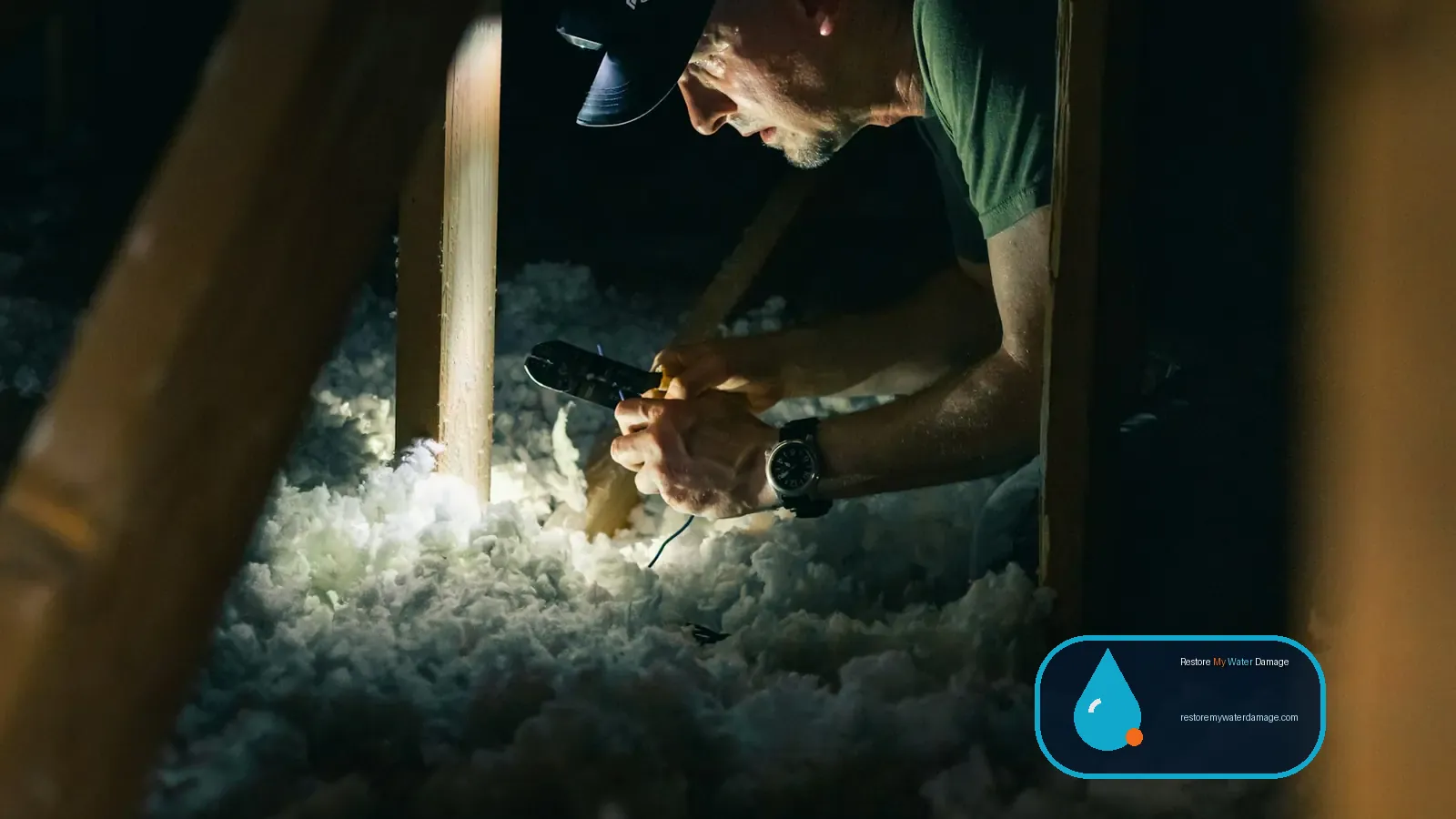 Worker with a headlamp inspecting blown-in attic insulation, an early step in water damage restoration Garland Rowlett, TX