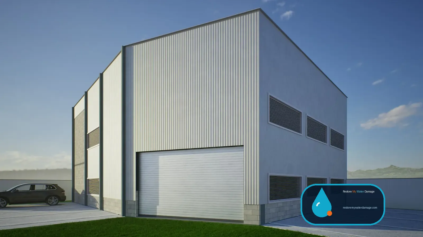 Metal-clad industrial building with a large loading door, a property for water damage restoration Garland Rowlett, TX