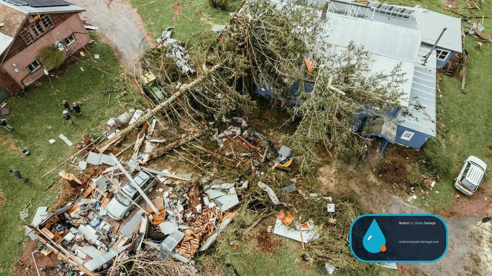 Aerial view of homes with fallen trees and storm debris needing water damage restoration Garland Rowlett, TX