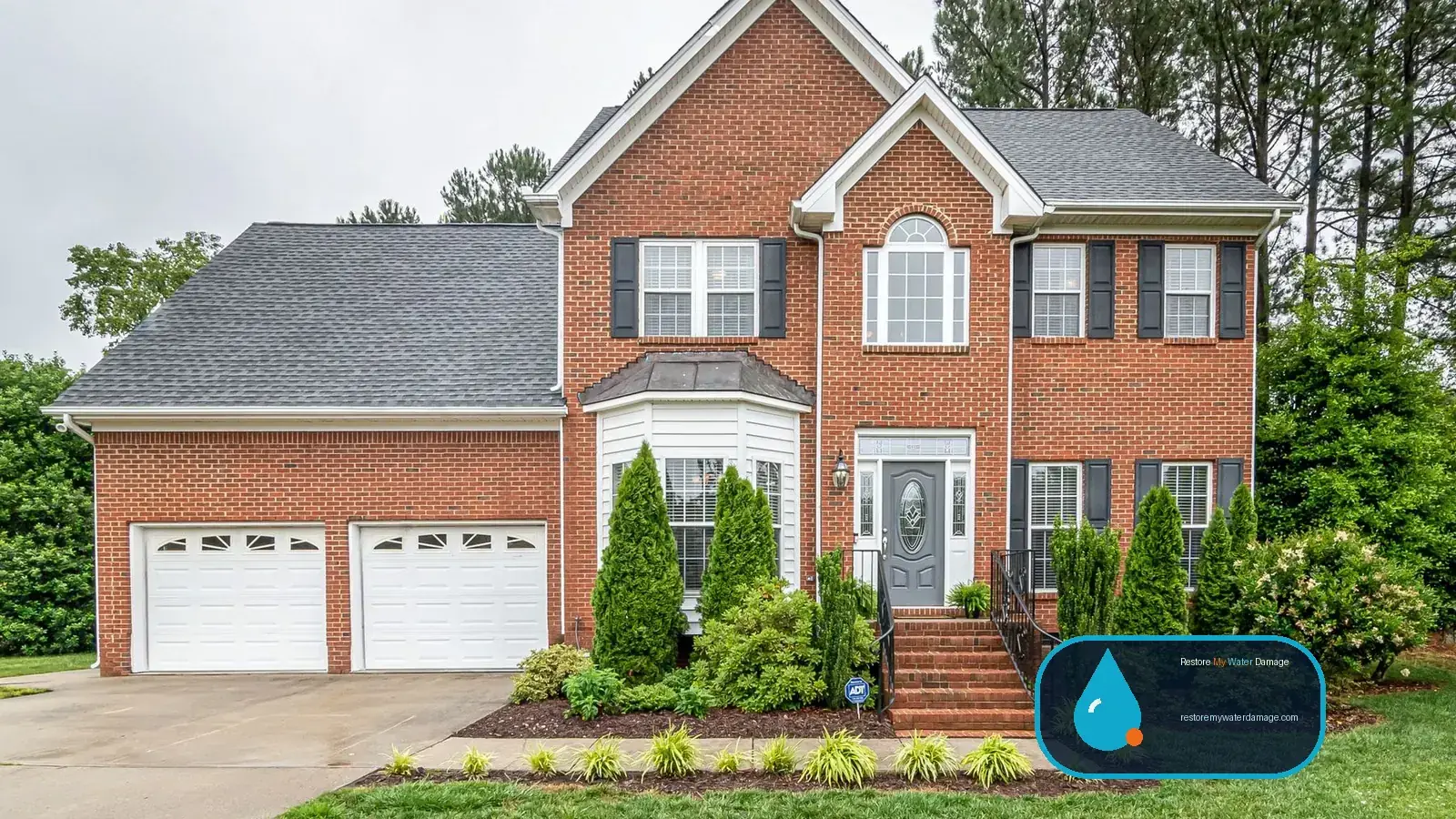 Two-story brick home with tall pines for water damage restoration Huntersville North Charlotte, NC
