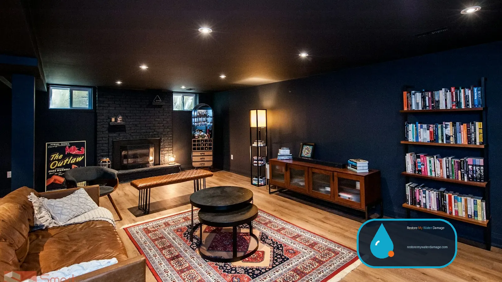 Finished basement lounge with rug and bookshelves, protected by water damage restoration Huntersville North Charlotte, NC
