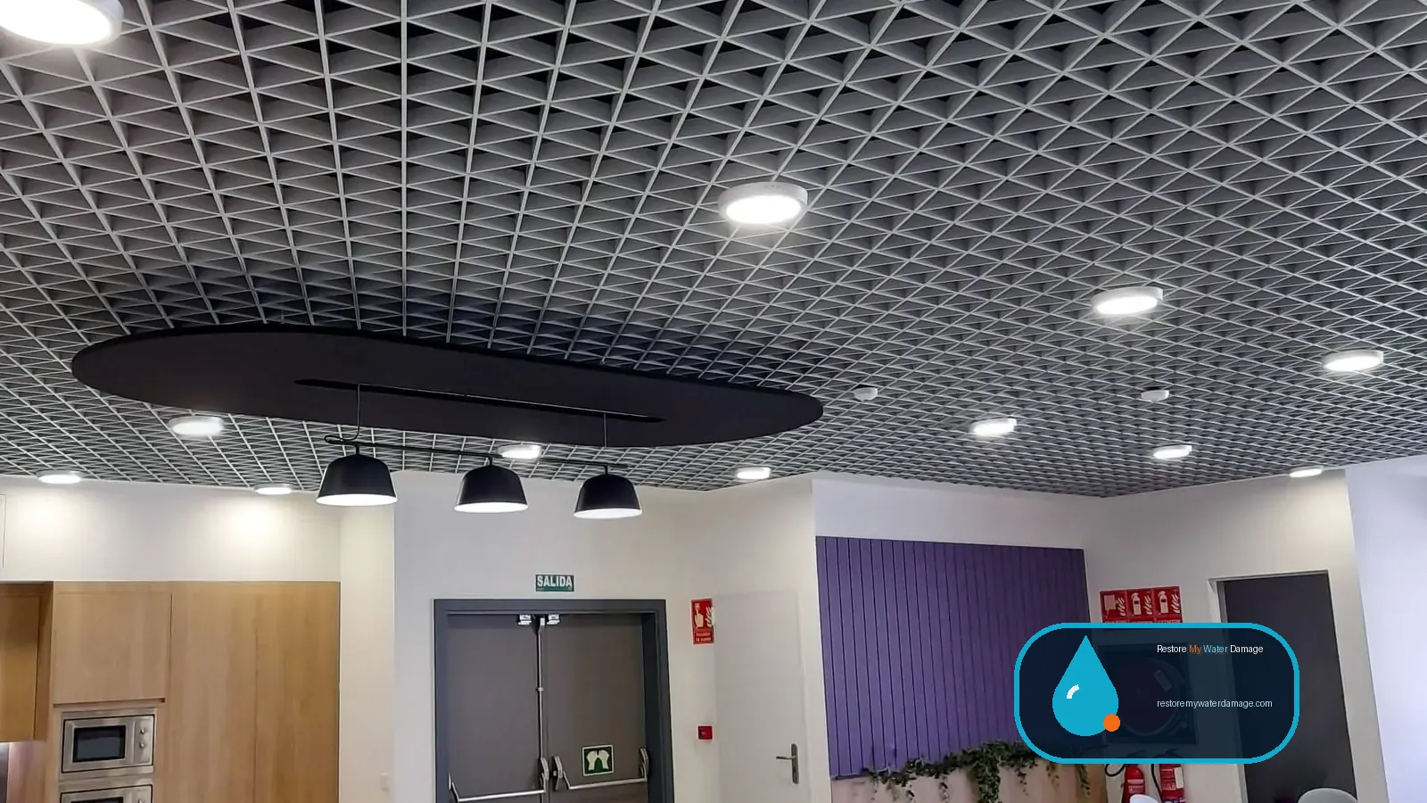 Office interior with grid ceiling and recessed lights served by water damage restoration Irvine Central Orange County, CA