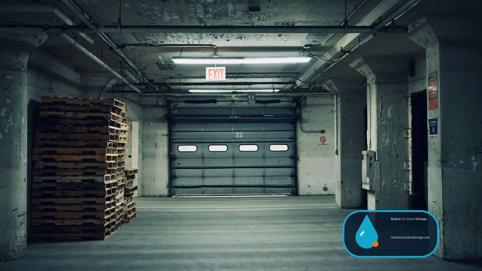 Warehouse bay with stacked pallets by a loading door, a water damage restoration Long Beach Southeast LA setting