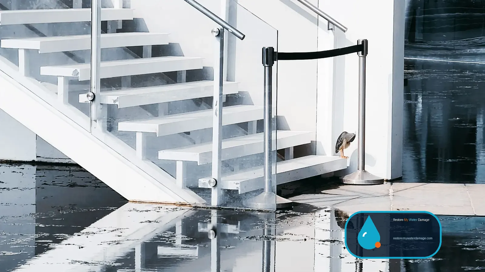 Flood water covering a concrete floor at the foot of a staircase needing water damage restoration