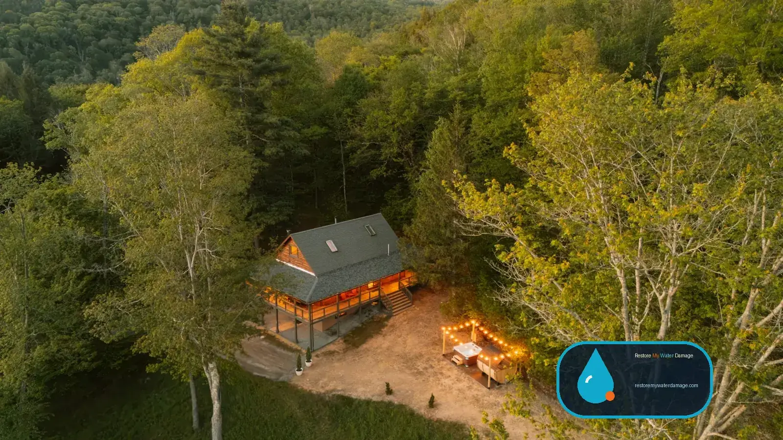 Aerial view of a wooden cabin in a forested hillside, a property for water damage restoration Sevierville Smokies, TN