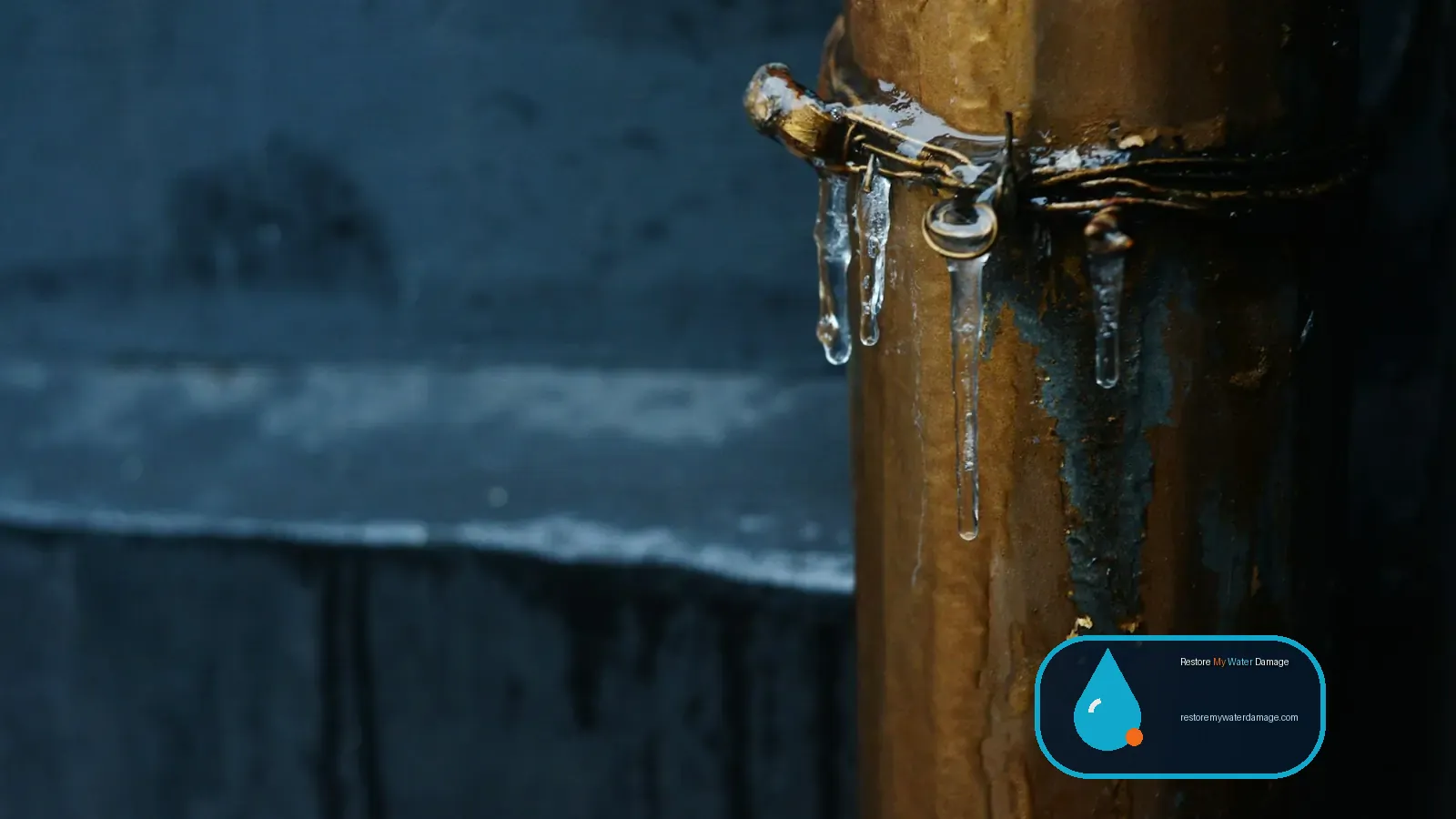 Icicles hanging from a frozen pipe fitting, a warning sign for water damage restoration Sevierville Smokies, TN