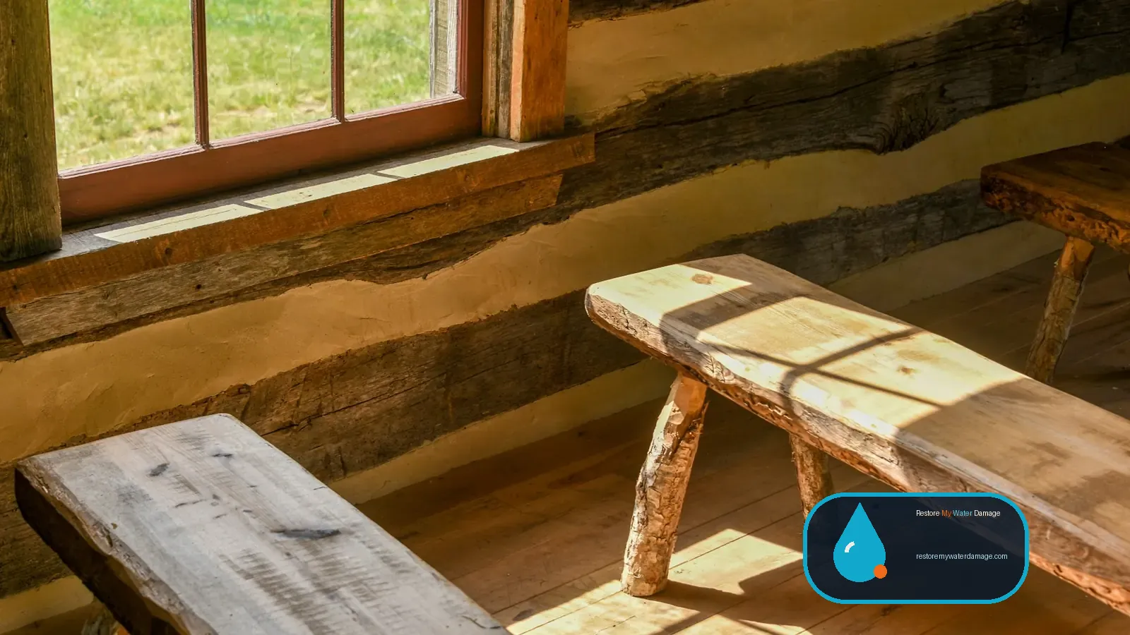 Log cabin interior with wooden benches and a sunlit window, served by water damage restoration Sevierville Smokies, TN