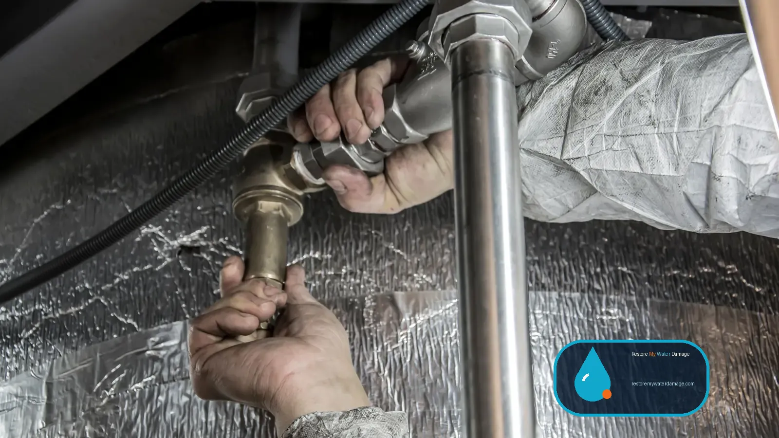 Hands fitting pipes beside insulated ductwork, common work in water damage restoration in South Carolina