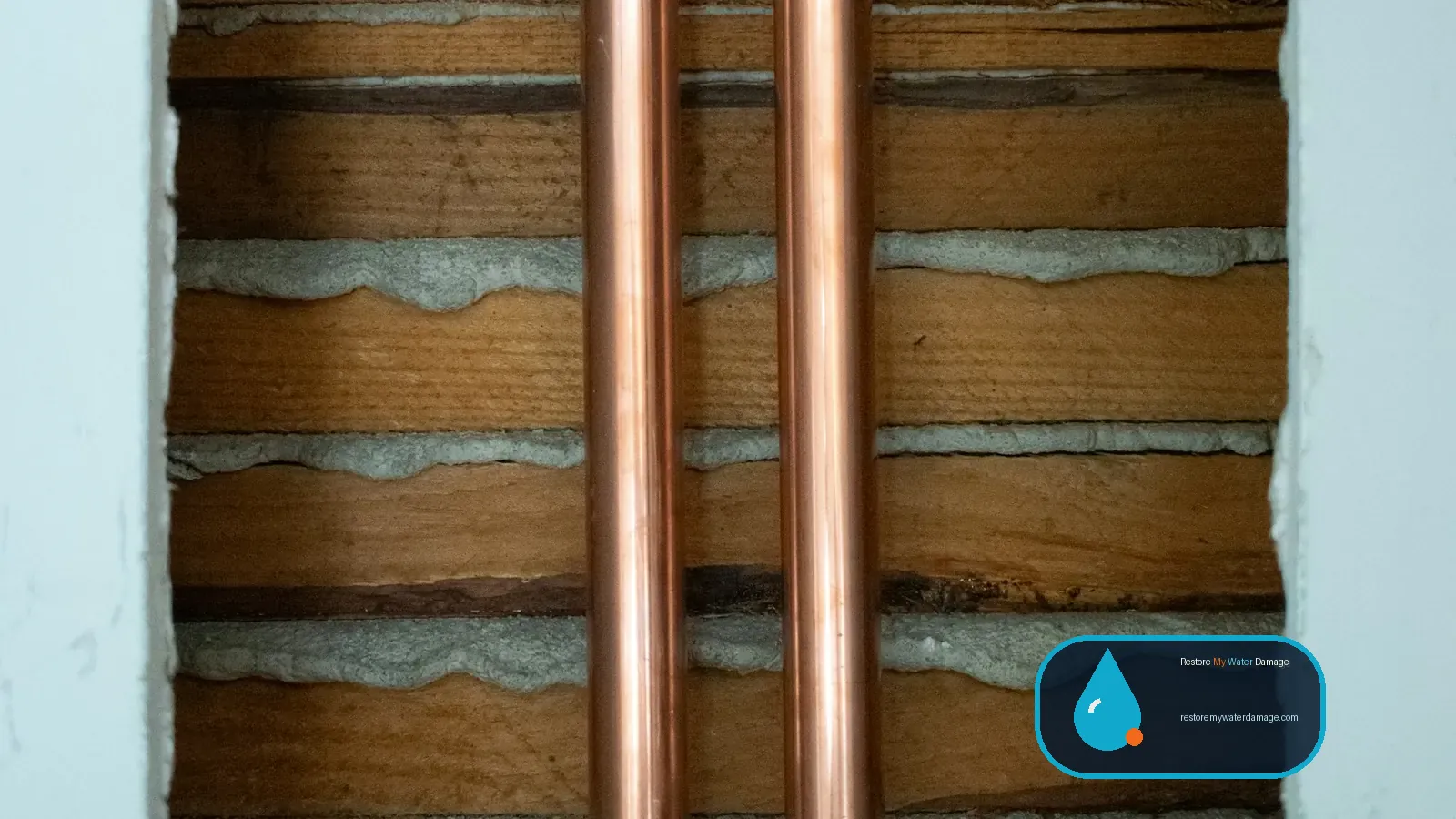Copper supply pipes exposed in an opened wall, inspected against water damage restoration standards