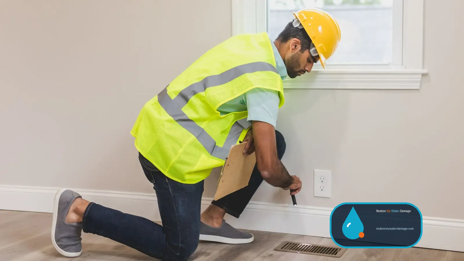 Inspector kneeling to check a baseboard and floor vent under water damage restoration standards