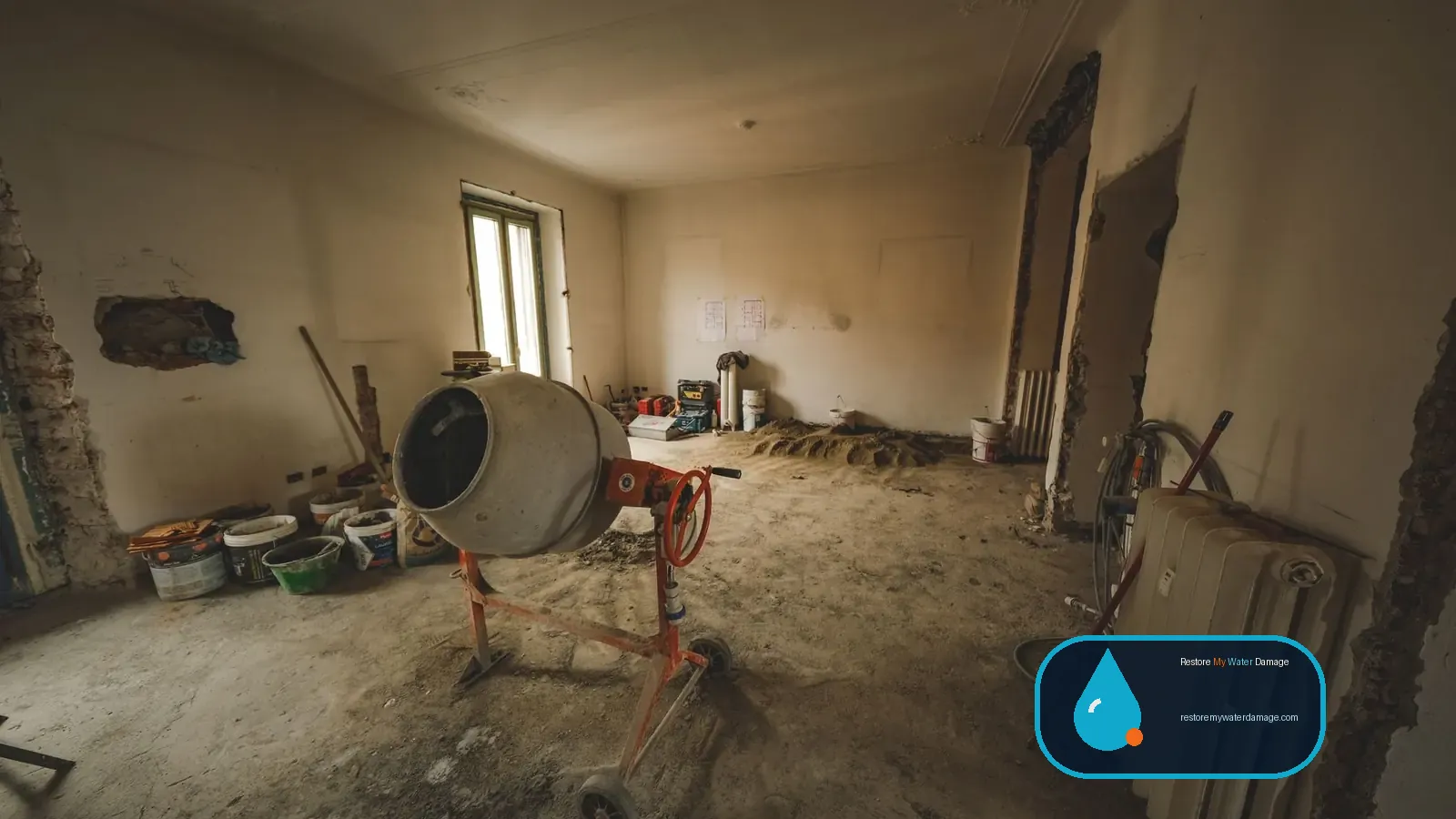 Stripped room with a mixer and tools, showing site preparation under water damage restoration standards