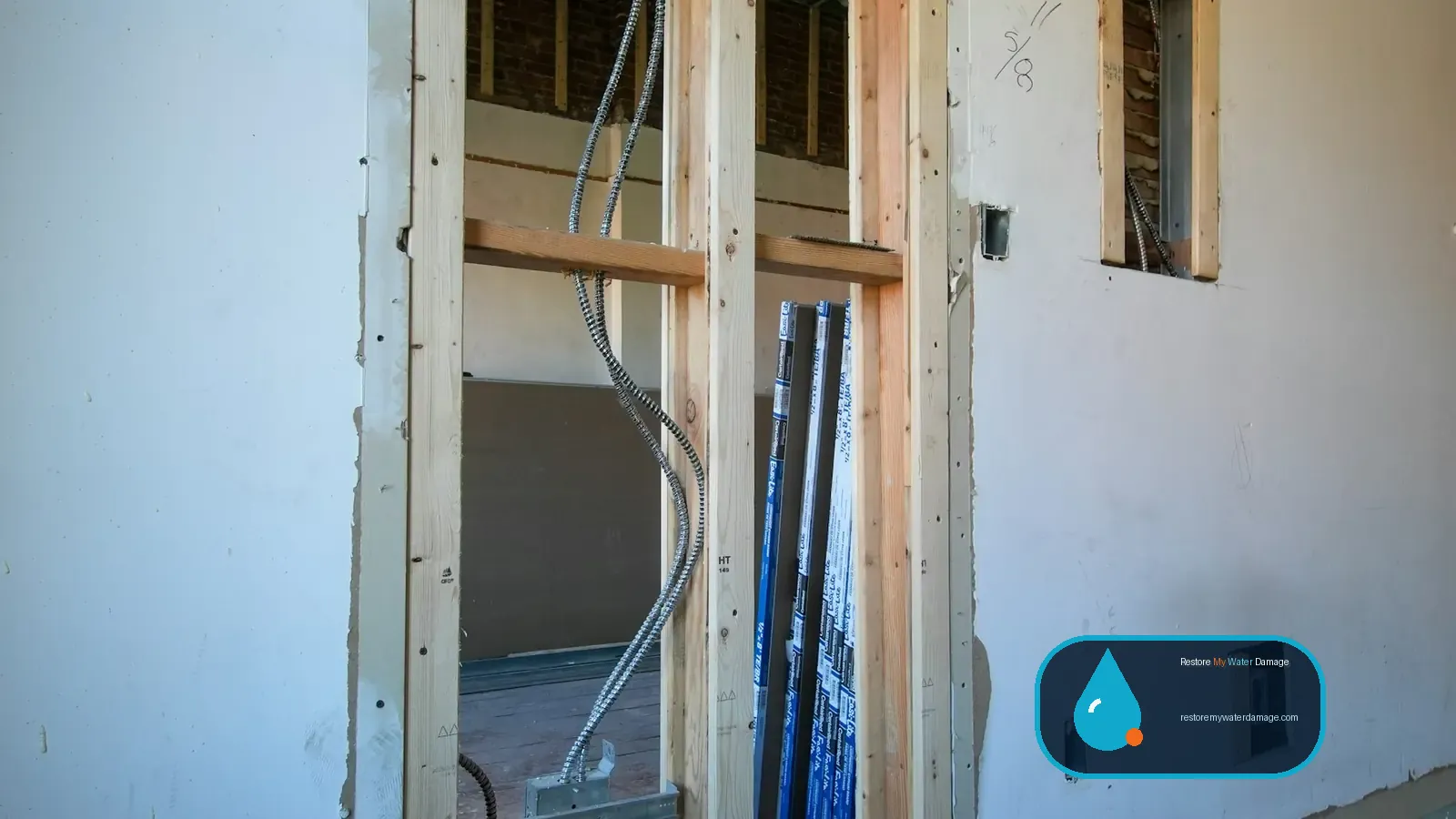 Drywall cut open to expose studs and wiring, a typical step in water damage restoration Staten Island, NY