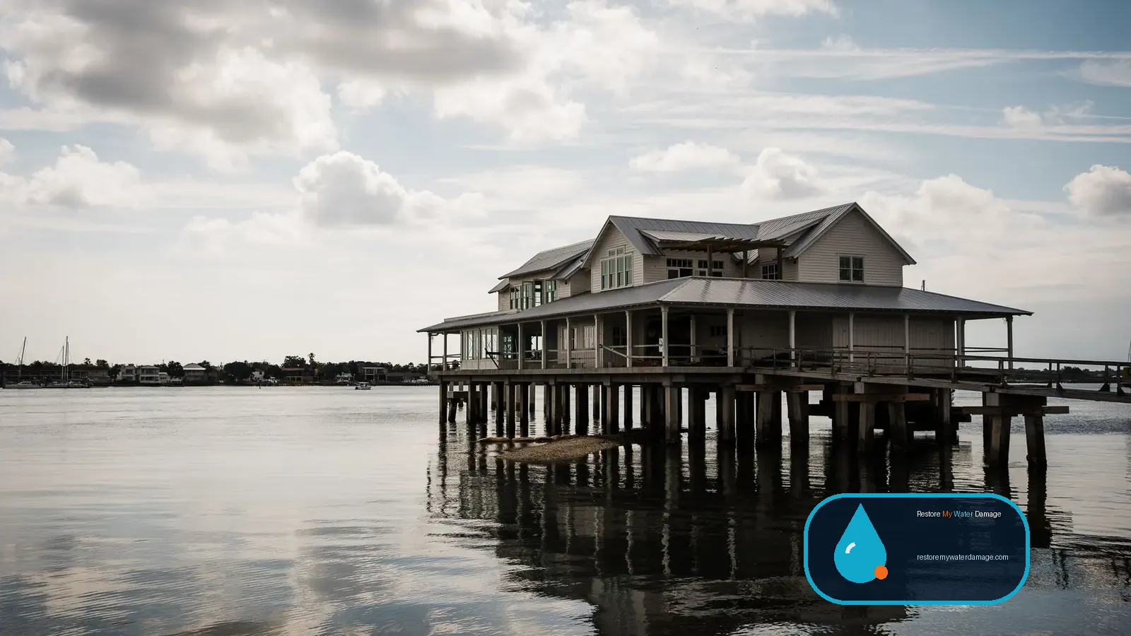Elevated house on wooden pilings over calm water, needing water damage restoration in Toms River Ocean County
